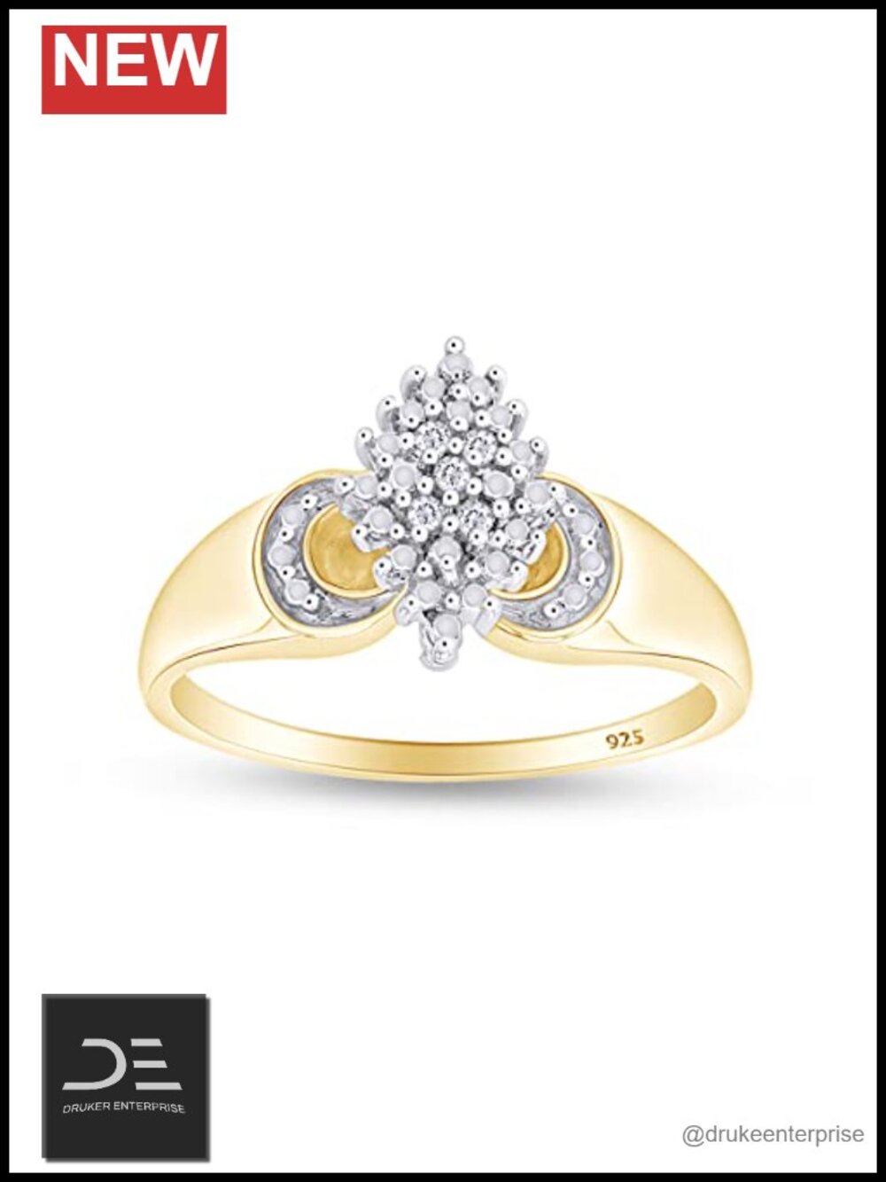 Cluster Engagement Ring 14k Yellow Gold Plated 925 Sterling Silver Round